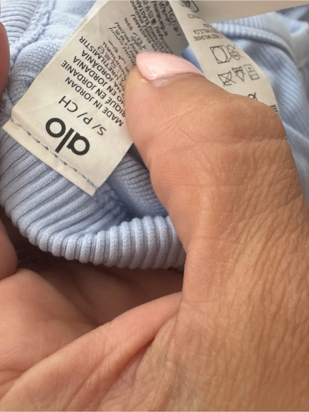 ALO Yoga Pale Blue Ribbed Sports Bra and Matching Shorts Set